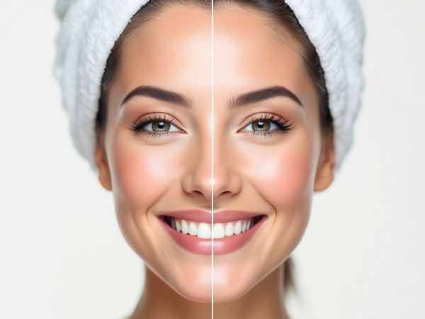 Show a close-up of a person's face with noticeably improved, glowing skin post-Hydro3Dfacial. The facial expression should exude satisfaction, set against a minimalistic background to emphasize the skin transformation.