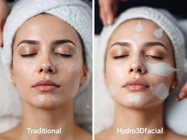 Show a split-screen comparison with one side depicting a traditional facial treatment and the other side highlighting a modern Hydro3Dfacial process. The image should clearly contrast outdated methods with advanced hydration technology.