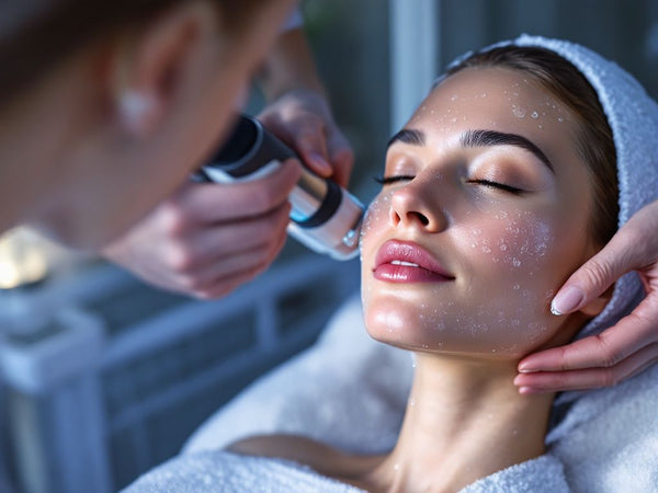 Show a modern spa setting with a Hydro3Dfacial machine in operation, highlighting water droplets and smooth, radiant skin. The background should feature soft blue and white tones to emphasize hydration and anti-aging benefits.