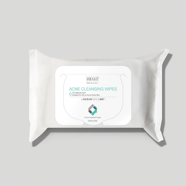 Obagi Acne Cleansing Wipes with grey background.