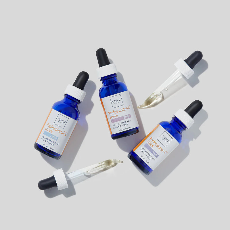 An image of three bottles of Obagi Professional-C 10% Serum and two droppers.