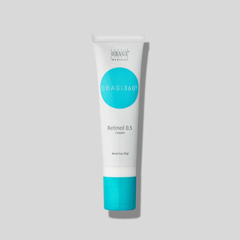 An image of Obagi360 .5 retinol cream with a grey background.