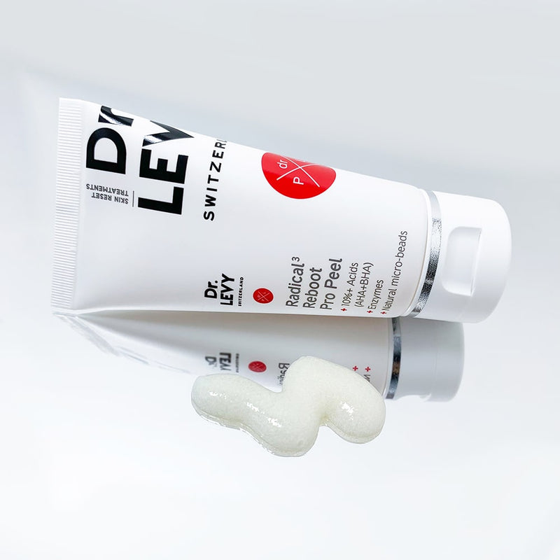 An image of a bottle of Dr Levy Radical3 Reboot Pro Peel lying horizontally on the surface with a smear on it's content on its side.
