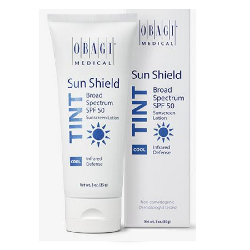 An image of a bottle of Obagi Sun Shield Tint Cool SPF50 standing beside it's back with white background.