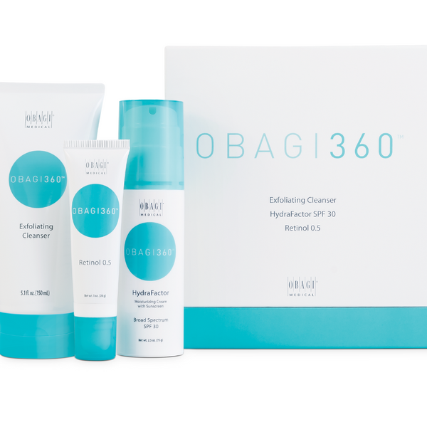 An image of Obagi360 System containing the Obagi exfoliating cleanser, Obagi Retinol 0.5 and Obagi Hydrofactor standing beside its box.