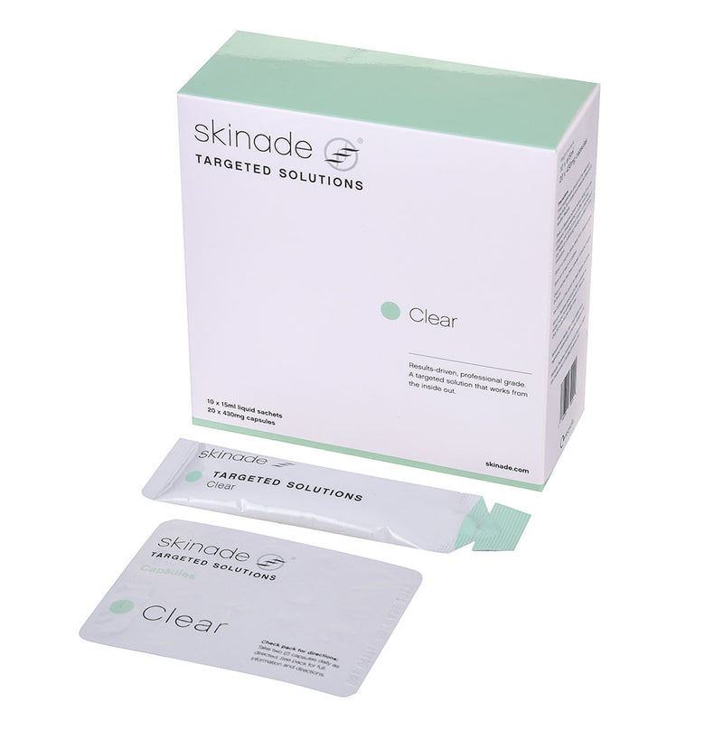 An image of Skinade Targeted Solutions Clear 90 Day Supply with white background.